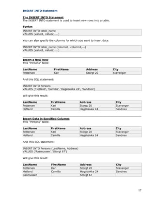 17
INSERT INTO Statement
The INSERT INTO Statement
The INSERT INTO statement is used to insert new rows into a table.
Syntax
INSERT INTO table_name
VALUES (value1, value2,....)
You can also specify the columns for which you want to insert data:
INSERT INTO table_name (column1, column2,...)
VALUES (value1, value2,....)
Insert a New Row
This "Persons" table:
LastName FirstName Address City
Pettersen Kari Storgt 20 Stavanger
And this SQL statement:
INSERT INTO Persons
VALUES ('Hetland', 'Camilla', 'Hagabakka 24', 'Sandnes')
Will give this result:
LastName FirstName Address City
Pettersen Kari Storgt 20 Stavanger
Hetland Camilla Hagabakka 24 Sandnes
Insert Data in Specified Columns
This "Persons" table:
LastName FirstName Address City
Pettersen Kari Storgt 20 Stavanger
Hetland Camilla Hagabakka 24 Sandnes
And This SQL statement:
INSERT INTO Persons (LastName, Address)
VALUES ('Rasmussen', 'Storgt 67')
Will give this result:
LastName FirstName Address City
Pettersen Kari Storgt 20 Stavanger
Hetland Camilla Hagabakka 24 Sandnes
Rasmussen Storgt 67
 