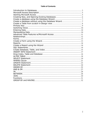 2
Table of Contents
Introduction to Databases .................................................................................................... 3
Microsoft Access Description................................................................................................ 5
Starting Microsoft Access...................................................................................................... 5
Creating New, and Opening Existing Databases.......................................................... 6
Create a database using the Database Wizard ............................................................ 7
Create a database without using the Database Wizard............................................ 7
Create a Table from scratch in Design view.................................................................. 8
Primary Key................................................................................................................................ 9
Switching Views ...................................................................................................................... 10
Entering Data........................................................................................................................... 10
Manipulating Data.................................................................................................................. 10
Advanced Table Features w/Microsoft Access ............................................................ 11
Relationships............................................................................................................................ 12
Forms.......................................................................................................................................... 13
Create a Form using the Wizard....................................................................................... 13
Reports....................................................................................................................................... 14
Create a Report using the Wizard ................................................................................... 14
SQL Statements...................................................................................................................... 14
Create Database, Table, and Index ................................................................................ 15
INSERT INTO Statement ..................................................................................................... 17
Drop Index, Table and Database ..................................................................................... 18
ALTER TABLE............................................................................................................................ 18
SELECT Statement................................................................................................................. 19
WHERE Clause......................................................................................................................... 21
UPDATE Statement................................................................................................................ 23
DELETE Statement................................................................................................................. 24
ORDER BY.................................................................................................................................. 25
AND & OR.................................................................................................................................. 27
IN.................................................................................................................................................. 28
BETWEEN................................................................................................................................... 28
JOIN............................................................................................................................................. 29
Functions ................................................................................................................................... 31
GROUP BY and HAVING....................................................................................................... 32
 