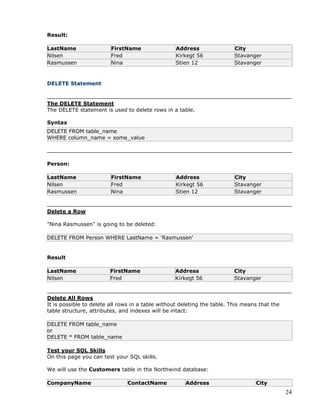 24
Result:
LastName FirstName Address City
Nilsen Fred Kirkegt 56 Stavanger
Rasmussen Nina Stien 12 Stavanger
DELETE Statement
The DELETE Statement
The DELETE statement is used to delete rows in a table.
Syntax
DELETE FROM table_name
WHERE column_name = some_value
Person:
LastName FirstName Address City
Nilsen Fred Kirkegt 56 Stavanger
Rasmussen Nina Stien 12 Stavanger
Delete a Row
"Nina Rasmussen" is going to be deleted:
DELETE FROM Person WHERE LastName = 'Rasmussen'
Result
LastName FirstName Address City
Nilsen Fred Kirkegt 56 Stavanger
Delete All Rows
It is possible to delete all rows in a table without deleting the table. This means that the
table structure, attributes, and indexes will be intact:
DELETE FROM table_name
or
DELETE * FROM table_name
Test your SQL Skills
On this page you can test your SQL skills.
We will use the Customers table in the Northwind database:
CompanyName ContactName Address City
 
