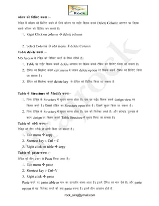 dkWye dks fMfyV djuk %&
Vsfcy esa dkWYke dks fMfyV djus ds fy;s dkWye ij jkbZV fDyd djds Delete Column vki’ku ij fDYkd
djds dkWye dks fMfYkV dj ldrs gSA
1. Right Click on column  delete column
2. Select Column  edit menu  delete Column
Table delete djuk %&
MS Access esa Vsfcy dks fMfyV djus ds fuEu rjhds gSA
1. Table ij jkbZV fDYkd djds delete vki’ku ij fDyd djds Vsfcy dks fMfyV fd;k tk ldrk gSA
2. Vsfcy dks flysDV djds edit menu esa tkdj delete option ij fDYkd djds Vsfcy dks fMfyV fd;k
tk ldrk gSA
3. Vsfcy dks flysDV djds delete key ls Vsfcy dks fMfyV fd;k tk ldrk gSA
Table ds Structure dks Modify djuk%&
1. ftl Vsfcy ds Structure esa lq/kkj djuk gksrk gSA ml ij jkbZV fDYkd djds design view ij
fDyd djrs gSA ftlls Vsfcy dk Structure open gksrk gSA ftlesa lq/kkj fd;k tk ldrk gSA
2. ftl Vsfcy ds Structure esa lq/kkj djuk gksrk gSA ml dks flysDV djrs gSA vkSj LVsUMZM Vqyckj ds
cVu design ij fDYkd djds Table Structure esa lq/kkj fd;k tk ldrk gSA
Table dks dkWih djuk%&
Vsfcy dks rhu rjhds ls dkWih fd;k tk ldrk gSA
1. Edit menu  copy
2. Shortcut key :- Ctrl + C
3. Right click on table  copy
Table dks paste djuk %&
Vsfcy dks rhu izdkj ls Paste fd;k tkrk gSA
1. Edit menu  paste
2. Shortcut key :- Ctrl+V
3. Right click  paste
Paste djus ij paste table as uke dk Mk;ykWXk ckDl vkrk gSA blesa Vsfcy dk uke nsrs gSA vkSj paste
option ls ;g flysDV djrs dh D;k paste djuk gSA blesa rhu vki’ku gksrs gSA
rock_siraj@ymail.com
 