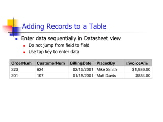 Adding Records to a Table
 Enter data sequentially in Datasheet view
 Do not jump from field to field
 Use tap key to enter data
OrderNum CustomerNum BillingDate PlacedBy InvoiceAmt
323 624 02/15/2001 Mike Smith $1,986.00
201 107 01/15/2001 Matt Davis $854.00
 