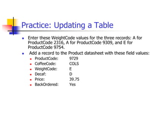 Practice: Updating a Table
 Enter these WeightCode values for the three records: A for
ProductCode 2316, A for ProductCode 9309, and E for
ProductCode 9754.
 Add a record to the Product datasheet with these field values:
 ProductCode: 9729
 CoffeeCode: COLS
 WeightCode: E
 Decaf: D
 Price: 39.75
 BackOrdered: Yes
 