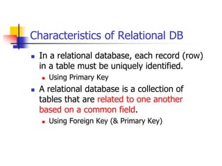 Characteristics of Relational DB
 In a relational database, each record (row)
in a table must be uniquely identified.
 Using Primary Key
 A relational database is a collection of
tables that are related to one another
based on a common field.
 Using Foreign Key (& Primary Key)
 