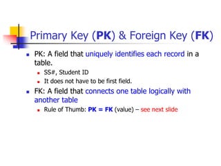 Primary Key (PK) & Foreign Key (FK)
 PK: A field that uniquely identifies each record in a
table.
 SS#, Student ID
 It does not have to be first field.
 FK: A field that connects one table logically with
another table
 Rule of Thumb: PK = FK (value) – see next slide
 