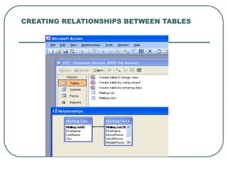 CREATING RELATIONSHIPS BETWEEN TABLES
 