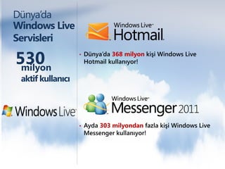 Dünya’da
Windows Live
Servisleri

530
 milyon
                   •      368 milyon



 aktif kullanıcı




                   •   303 milyondan
 