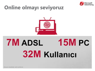 Online olmayı seviyoruz




                                 40%
   7M ADSL    15M PC
      32M Kullanıcı                Time-shifted TV
                                 consumption increase
Soruce: emarketer and comScore
 