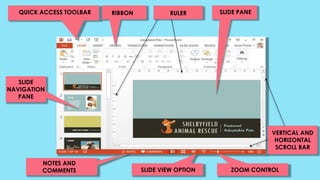 QUICK ACCESS TOOLBAR RIBBON RULER SLIDE PANE
SLIDE
NAVIGATION
PANE
NOTES AND
COMMENTS
VERTICAL AND
HORIZONTAL
SCROLL BAR
ZOOM CONTROLSLIDE VIEW OPTION
 