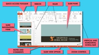 QUICK ACCESS TOOLBAR RIBBON RULER SLIDE PANE
SLIDE
NAVIGATION
PANE
NOTES AND
COMMENTS
VERTICAL AND
HORIZONTAL
SCROLL BAR
ZOOM CONTROLSLIDE VIEW OPTION
 