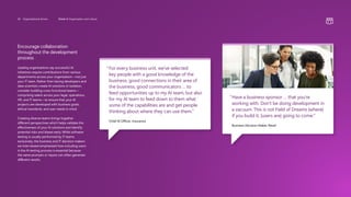 Encourage collaboration
throughout the development
process
Leading organizations say successful AI
initiatives require contributions from various
departments across your organization—not just
your IT team. Rather than having developers and
data scientists create AI solutions in isolation,
consider building cross-functional teams—
comprising talent across your legal, operations,
HR, and IT teams—to ensure that your AI
projects are developed with business goals,
ethical standards, and user needs in mind.
Creating diverse teams brings together
different perspectives which helps validate the
effectiveness of your AI solutions and identify
potential risks and biases early. While software
testing is usually performed by IT teams
exclusively, the business and IT decision makers
we interviewed emphasized how including users
in the AI testing process is essential because
the same prompts or inputs can often generate
different results.
“
For every business unit, we’ve selected
key people with a good knowledge of the
business, good connections in their area of
the business, good communicators … to
feed opportunities up to my AI team, but also
for my AI team to feed down to them what
some of the capabilities are and get people
thinking about where they can use them.”
Chief AI Officer, Insurance
“
Have a business sponsor … that youʹre
working with. Don’t be doing development in
a vacuum. This is not Field of Dreams [where]
if you build it, [users are] going to come.”
Business Decision Maker, Retail
28 Organizational drivers Driver 4: Organization and culture
 