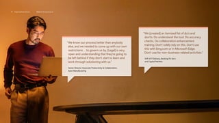 “
We know our process better than anybody
else, and we needed to come up with our own
restrictions … to govern us by. [Legal] is very
open and understanding that they’re going to
be left behind if they don’t start to learn and
work through solutioning with us.”
	
Senior Director Associate Productivity  Collaboration,
Auto Manufacturing
“
We [created] an itemized list of do’s and
don’ts. Do understand the tool. Do accuracy
checks. Do collaboration enhancement
training. Don’t solely rely on this. Don’t use
this with bing.com or in Microsoft Edge.
Don’t use for non–business-related activities.”
SVP of IT Delivery, Banking Fin Serv
and Capital Markets
37 Organizational drivers Driver 5: AI governance
 