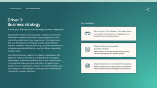 Driver 1:
Business strategy
Ensure your AI projects serve strategic business objectives
Successful AI initiatives aren’t pursued in isolation as technical
experiments. Instead, they should be tightly aligned with the
overarching objectives of your organization. This helps ensure
that your AI solutions are designed to solve clearly defined
business problems—such as improving customer experiences or
increasing operational efficiency—and can deliver measurable
business value.
According to decision makers from leading organizations, this
alignment requires more than just enthusiasm for emerging
technologies. It demands leadership buy-in and a shared vision
of success that helps everyone understand the goals of your
project. As your organization prepares for AI transformation, you
should begin to view intelligent technology as an essential way
of achieving strategic objectives.
Key takeaways:
Get support from leaders and executives
Involve department heads and senior leadership in your
AI projects to get necessary resources.
Clearly define the problem
and the solution
Identify specific AI use cases that deliver clear business
value by improving how your business operates.
Align everyone on one vision for success
Clearly articulate what your AI projects aim to achieve and
make sure every person involved agrees on that direction.
5 Organizational drivers Driver 1: Business strategy
 