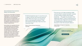 Get involvement from business
leaders and executives
One of the most critical enablers of AI readiness
is leadership buy-in. This means more than just
verbal support—it involves active sponsorship,
visible endorsement, and a willingness to
allocate resources to AI initiatives. When senior
leaders champion AI, it signals to the rest of
the organization that these efforts are not just
experimental or optional, but central to the
company’s strategic direction.
Business leaders from organizations that have
successfully adopted AI say that leadership
support also plays a pivotal role in securing
funding, aligning cross-functional teams,
and setting the tone for risk tolerance and
innovation. Without it, AI projects often
struggle to gain traction, remain siloed within
technical teams, or fail to scale. In contrast,
when executives are engaged and invested,
AI becomes a shared priority—one that’s
integrated into business planning, performance
metrics, and long-term vision.
“
I’ll tell the leadership team ‛It costs this much,
it needs to do this‚ and I know we have the
funds. What’s the reason you would push
back on purchasing this product?’ They
don’t see the actual value. That’s the more
important thing.”
Director of Sales and Business Development,
Technology
“	
The more you can make something visible
and show that it’s valued, the better. I wanted
to have a holistic program that involved
leadership …. This gives the perception that
leadership values it. There’s social pressure to
adopt these tools. Alignment and messaging
at multiple levels accelerates adoption
because it’s clear that everyone values it.”
Head of Mobile and Engagement Engineering,
Enterprise SaaS
Navigate the AI landscape
with tips from Microsoft leaders
Read the e-book
6 Organizational drivers Driver 1: Business strategy
 