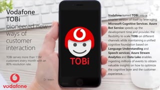 Vodafone
TOBi
pioneered new
ways of
customer
interaction
Vodafone turned TOBi into a
smarter version of itself by leveraging
Microsoft Cognitive Services. Azure
Bot Service speeds up the
development time and provides the
flexibility to scale TOBi on different
channels while maintaining a unified
cognitive foundation based on
Language Understanding and
Speech services. Azure Stream
Analytics and Data Lake enables
ingesting millions of events to obtain
valuable insights on how to optimize
the cognitive layer and the customer
experience.
Watch
Watch
TOBi serves more than 1.5M
customers every month with an
80% resolution rate.
 