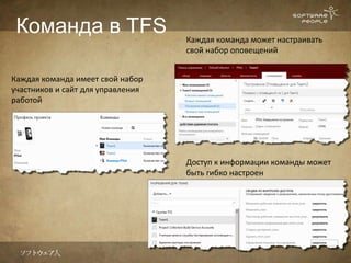 Команда в TFS                     Каждая команда может настраивать
                                   свой набор оповещений


Каждая команда имеет свой набор
участников и сайт для управления
работой




                                   Доступ к информации команды может
                                   быть гибко настроен
 