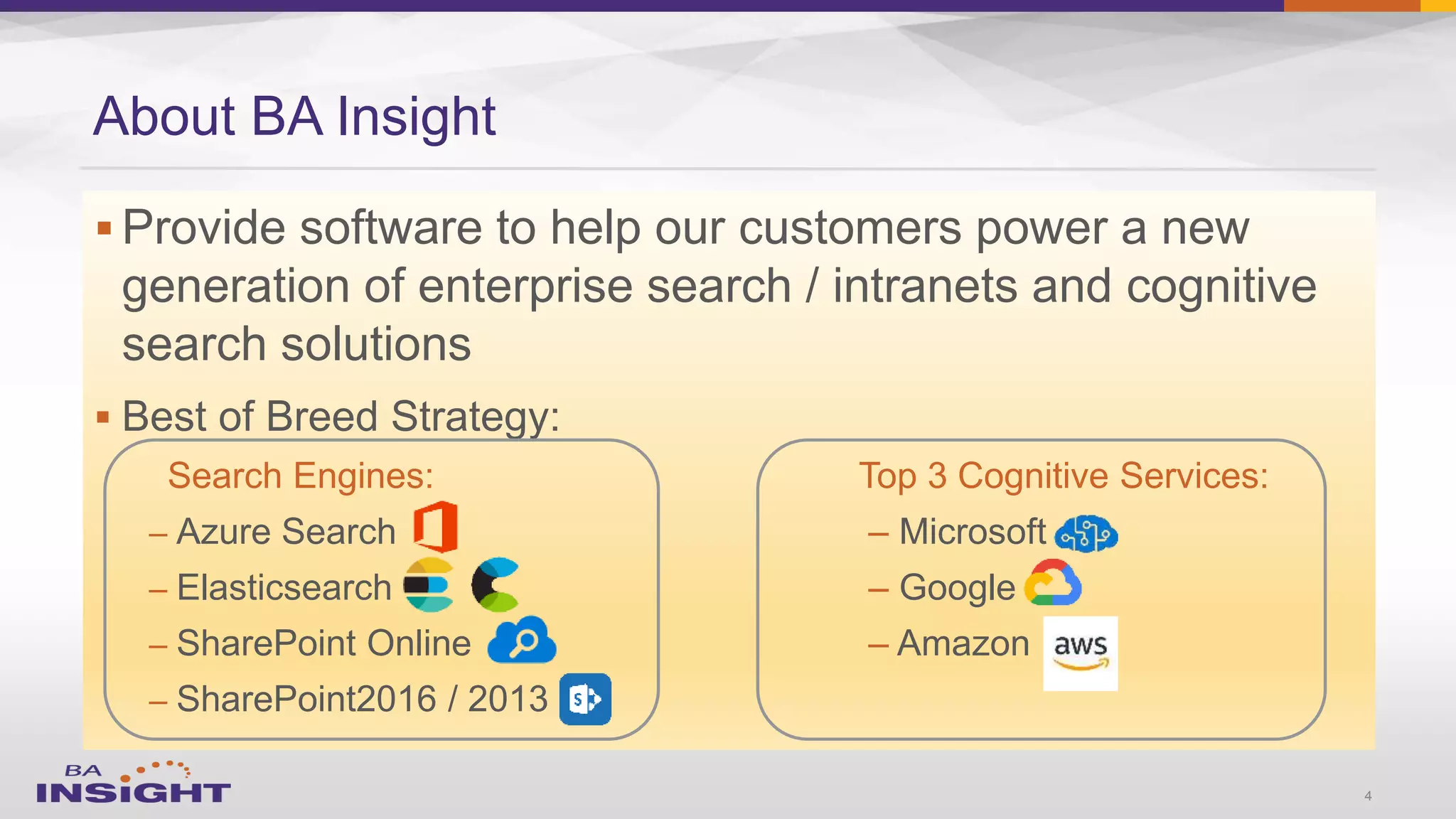  Provide software to help our customers power a new
generation of enterprise search / intranets and cognitive
search solutions
 Best of Breed Strategy:
Search Engines: Top 3 Cognitive Services:
– Azure Search – Microsoft
– Elasticsearch – Google
– SharePoint Online – Amazon
– SharePoint2016 / 2013
About BA Insight
4
 