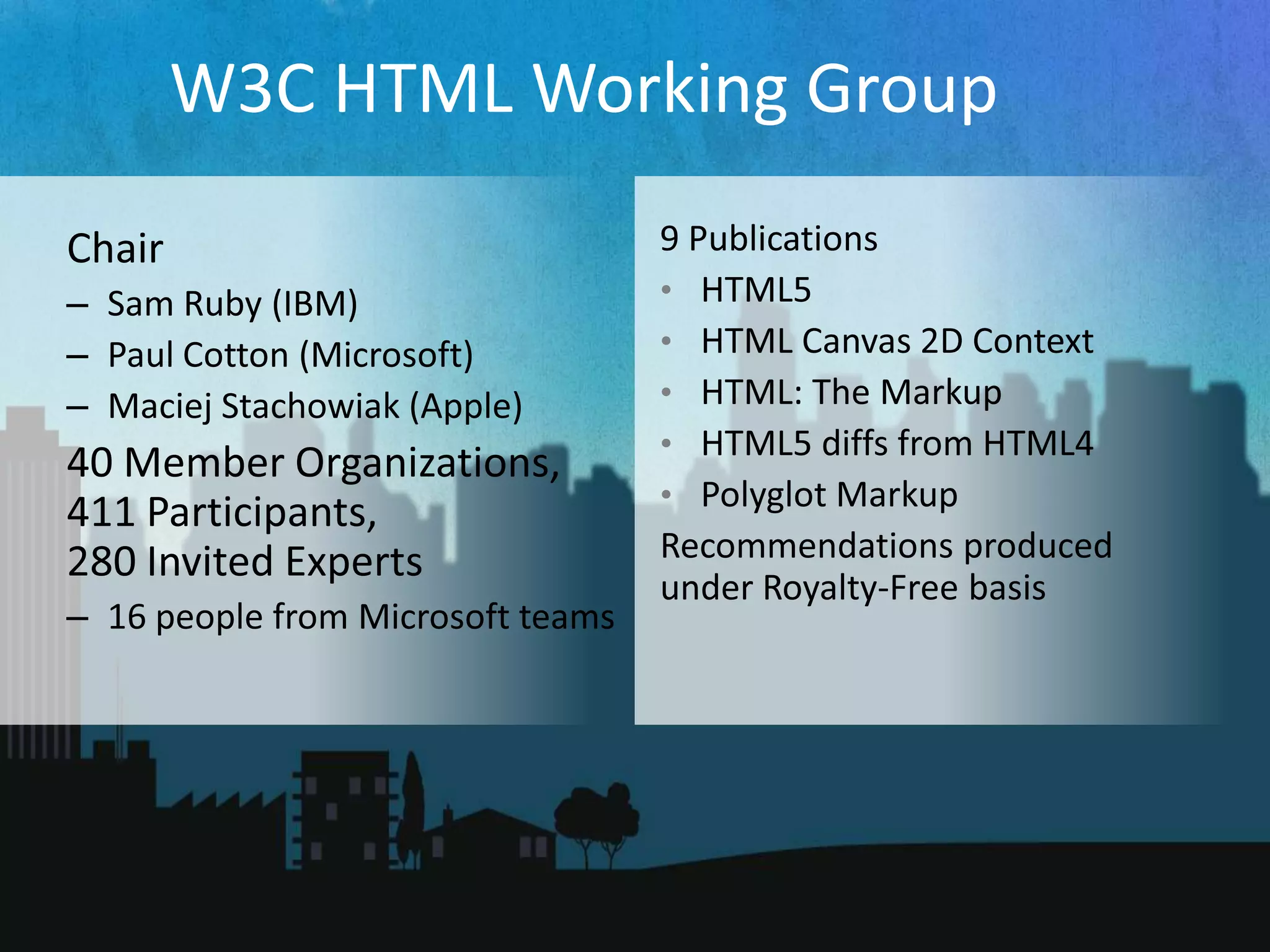 W3C HTML Working GroupChairSam Ruby (IBM)Paul Cotton (Microsoft)MaciejStachowiak (Apple)40 Member Organizations, 411 Participants, 280 Invited Experts16 people from Microsoft teams9 PublicationsHTML5HTML Canvas 2D ContextHTML: The MarkupHTML5 diffs from HTML4Polyglot MarkupRecommendations produced under Royalty-Free basis
