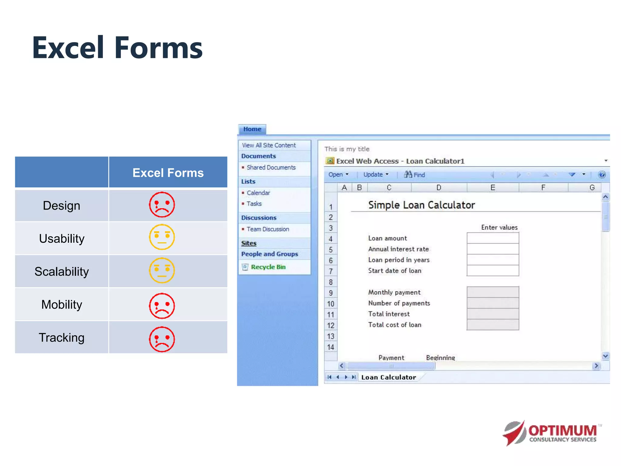 Excel Forms
Excel Forms
Design
Usability
Scalability
Mobility
Tracking
 