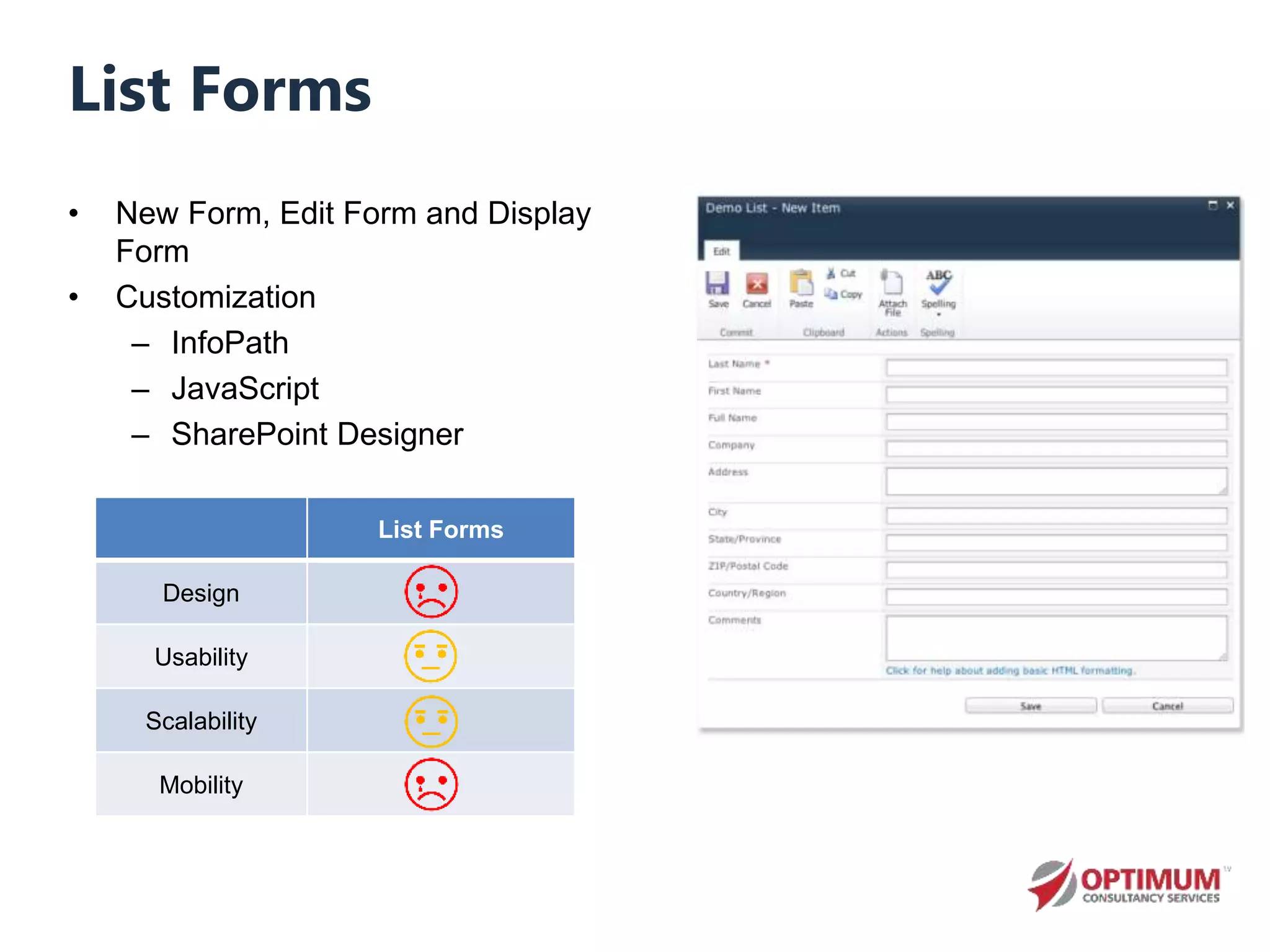 List Forms
• New Form, Edit Form and Display
Form
• Customization
– InfoPath
– JavaScript
– SharePoint Designer
List Forms
Design
Usability
Scalability
Mobility
 