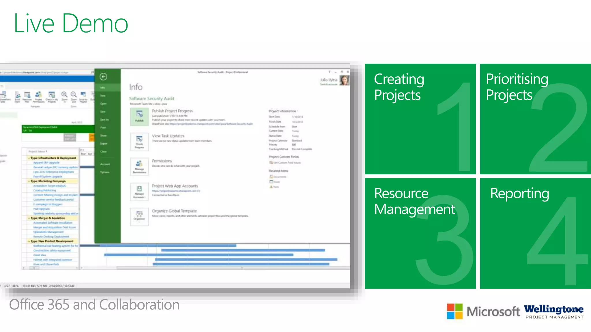 Live Demo
Resource
Management
Reporting
Creating
Projects
Prioritising
Projects
Office 365 and Collaboration
 