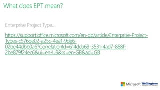 What does EPT mean?
Enterprise Project Type…
https://support.office.microsoft.com/en-gb/article/Enterprise-Project-
Types-c576de02-a25c-4ea1-9de6-
02be44dbb0a6?CorrelationId=614dcb69-3531-4ad7-868f-
2be879f24ec6&ui=en-US&rs=en-GB&ad=GB
 
