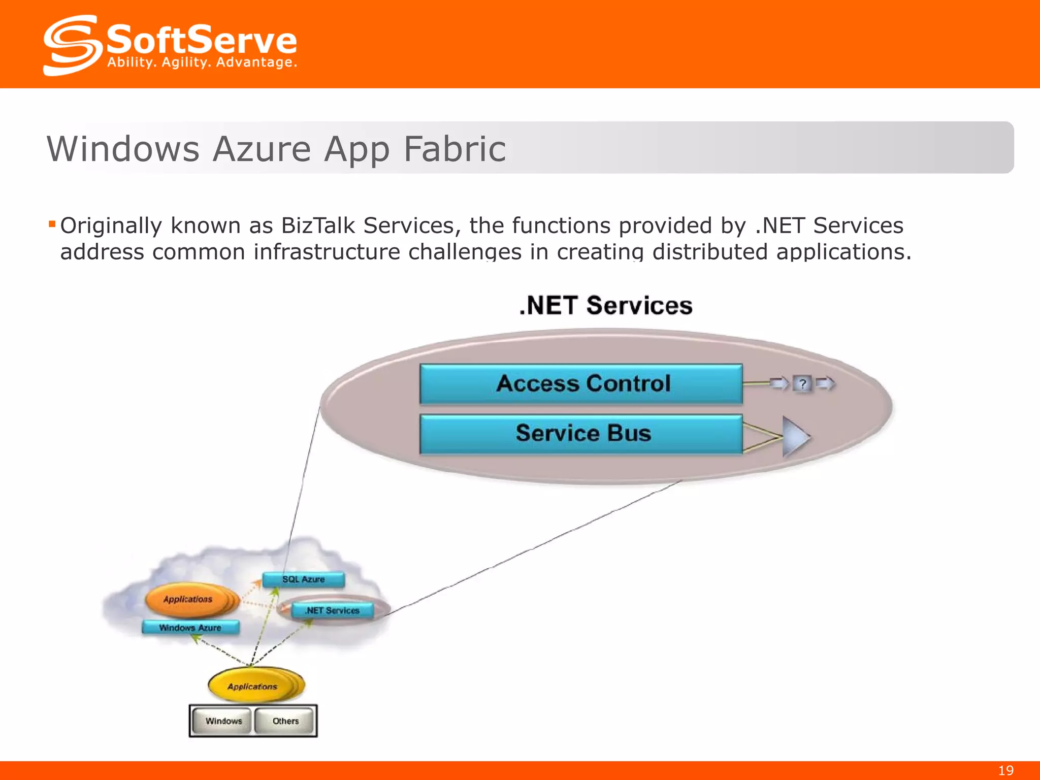 Originally known as BizTalk Services, the functions provided by .NET Services address common infrastructure challenges in creating distributed applications.  Windows Azure App Fabric 