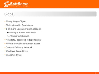 Binary Large Object Blobs stored in Containers 1 or more Containers per account Scoping is at container level … /Container/blobpath Metadata, accessed independently  Private or Public container access Content Delivery Network Windows Azure Drive Snapshot Drive  Blobs 