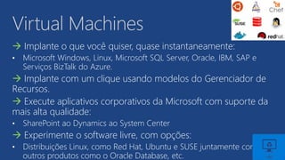 Virtual Machines
 Implante o que você quiser, quase instantaneamente:
• Microsoft Windows, Linux, Microsoft SQL Server, Oracle, IBM, SAP e
Serviços BizTalk do Azure.
 Implante com um clique usando modelos do Gerenciador de
Recursos.
 Execute aplicativos corporativos da Microsoft com suporte da
mais alta qualidade:
• SharePoint ao Dynamics ao System Center
 Experimente o software livre, com opções:
• Distribuições Linux, como Red Hat, Ubuntu e SUSE juntamente com
outros produtos como o Oracle Database, etc.
 