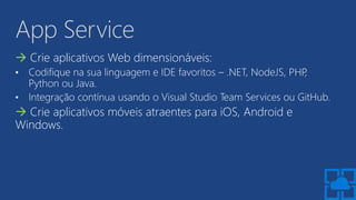 App Service
 Crie aplicativos Web dimensionáveis:
• Codifique na sua linguagem e IDE favoritos – .NET, NodeJS, PHP,
Python ou Java.
• Integração contínua usando o Visual Studio Team Services ou GitHub.
 Crie aplicativos móveis atraentes para iOS, Android e
Windows.
 