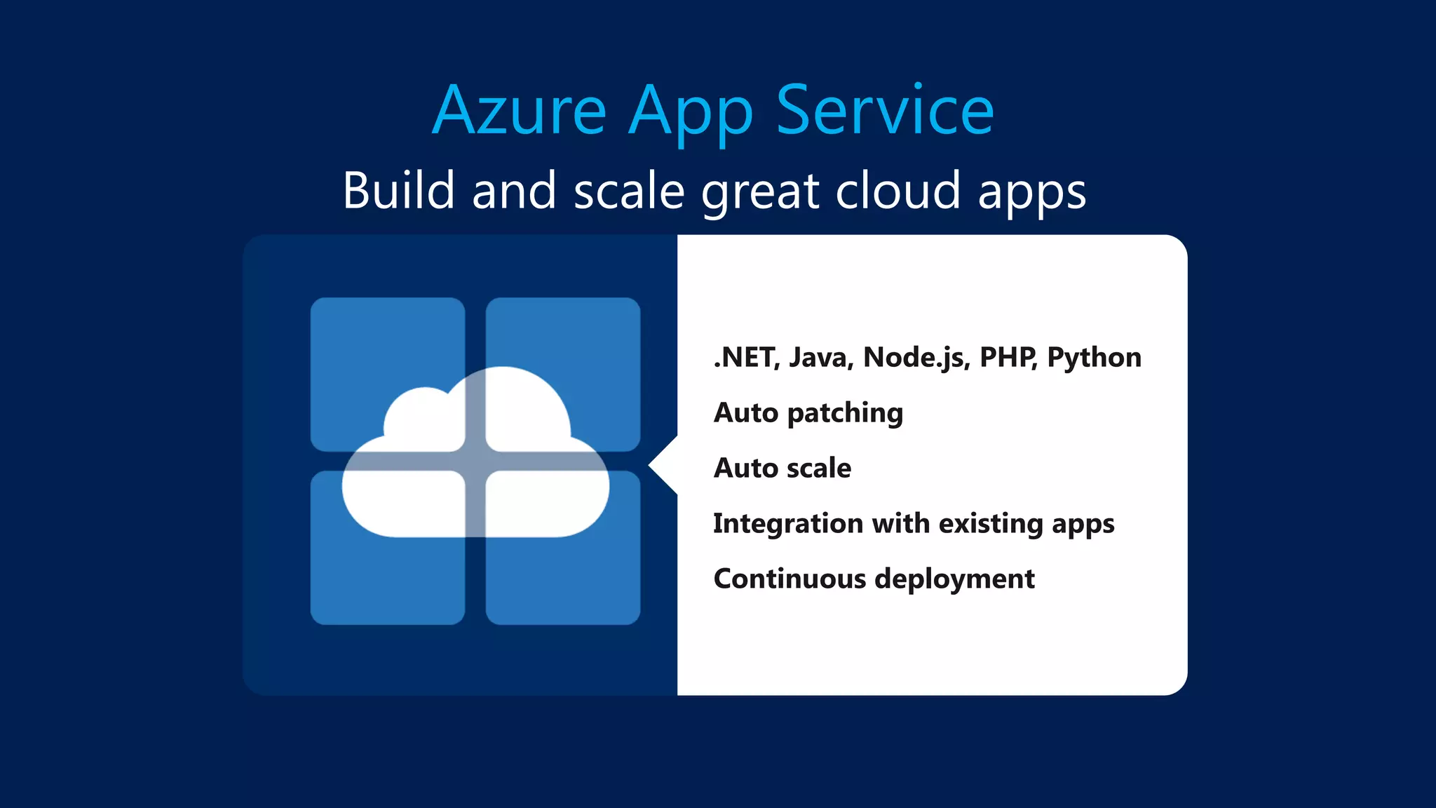 Azure App Service  Build and scale great cloud apps Web Apps Mobile Apps Logic Apps API Apps .NET, Java, Node.js, PHP, Python Auto patching Auto scale Integration with existing apps Continuous deployment 