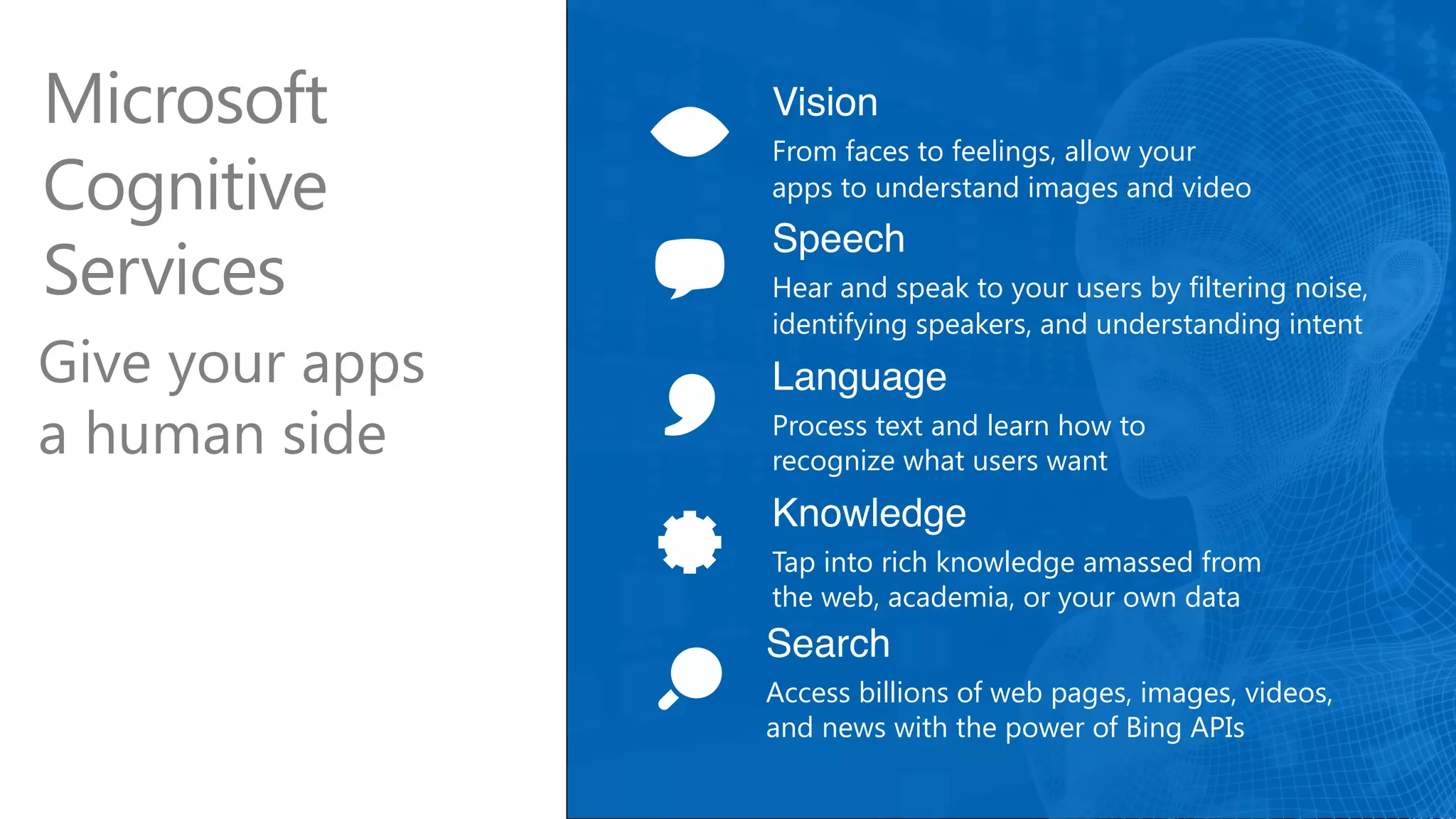 https://www.youtube.com/watch?v=zqMYBWwW16M Vision From faces to feelings, allow your   apps to understand images and video Speech Hear and speak to your users by filtering noise, identifying speakers, and understanding intent Language Process text and learn how to recognize what users want Knowledge Tap into rich knowledge amassed from   the web, academia, or your own data Search Access billions of web pages, images, videos, and news with the power of Bing APIs Microsoft Cognitive   Services  Give your apps   a human side 