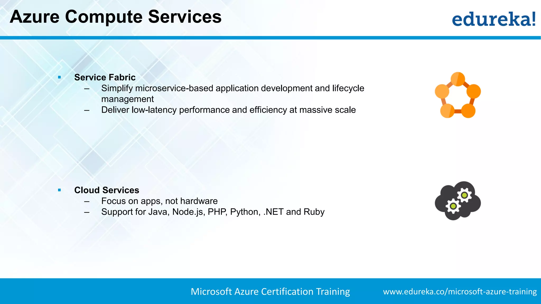 www.edureka.co/microsoft-azure-trainingMicrosoft Azure Certification Training
▪ Service Fabric
‒ Simplify microservice-based application development and lifecycle
management
‒ Deliver low-latency performance and efficiency at massive scale
▪ Cloud Services
‒ Focus on apps, not hardware
‒ Support for Java, Node.js, PHP, Python, .NET and Ruby
Azure Compute Services
 