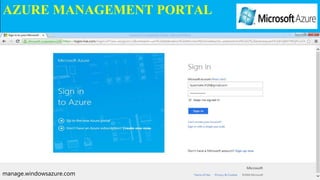 AZURE MANAGEMENT PORTAL
manage.windowsazure.com
 