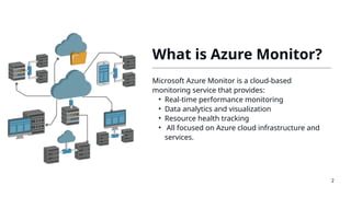 What is Azure Monitor?
Microsoft Azure Monitor is a cloud-based
monitoring service that provides:
• Real-time performance monitoring
• Data analytics and visualization
• Resource health tracking
• All focused on Azure cloud infrastructure and
services.
2
 