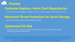 Preview
https://azure.microsoft.com/en-au/blog/azure-container-registry-public-preview-of-helm-chart-repositories-and-more/
https://azure.microsoft.com/en-au/blog/advanced-threat-protection-for-azure-storage-now-in-public-preview/
https://azure.microsoft.com/en-au/blog/ephemeral-os-disk-limited-public-preview/
• Kubernetes Helm chart storage as an integrated service for container images and their deployment charts.
Container Registry: Helm Chart Repositories
• Detection of anomalous access and data exfiltration activities.
Advanced Threat Protection for Azure Storage
• Ephemeral OS Disk, a new type of OS disk created directly on the host node, providing local disk
performance and faster boot/reset time.
Ephemeral OS Disk
 