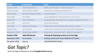Upcoming Presentations
Month Presenter(s) Topic
January 2018 Adam Stephenson Make your life easier - Build a dev-bot !
February 2018 David O'Brien (MVP) Containers on Windows Nanoserver
March 2018 Microsoft Brisbane CSAs Assorted Topics
April 2018 Dan Dekel Azure Deployment Slots and How to Use Them
May 2018 Glenn Stephens Improving your Apps decisions w/Azure Cognitive Services
June 2018 JiaJi Chen Azure Bot Services
July 2018 Andrew Cartwright Welcome to Azure Service Fabric, Be Our Guest
August 2018 Dan Toomey A 360 View of Serverless (and Serverful!) Integration
September 2018 Shahid Iqbal (MVP) Kubernetes, Azure and .NET - What's it all about?
October 2018 Todd Whitehead Training & Deploying Custom AI to the Edge
November 2018 Arun Kumar Getting started with Azure MXCHIP IOT DevKit
December 2018 Various UNCONVENTION 2018.1
Got Topic?
Send message on Meetup or email baug@outlook.com.au
 