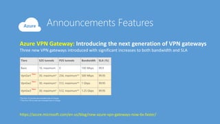 Azure VPN Gateway: Introducing the next generation of VPN gateways
Three new VPN gateways introduced with significant increases to both bandwidth and SLA
https://azure.microsoft.com/en-us/blog/new-azure-vpn-gateways-now-6x-faster/
Tiers S2S tunnels P2S tunnels Bandwidth SLA (%)
Basic 10, maximum 0 100 Mbps 99.9
VpnGw1
New!
30, maximum* 256, maximum** 500 Mbps 99.95
VpnGw2
New!
30, maximum* 512, maximum** 1 Gbps 99.95
VpnGw3
New!
30, maximum* 512, maximum** 1.25 Gbps 99.95
*The first 10 tunnels are provided free of charge.
**The first 128 tunnels are included free of charge.
 