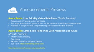 Azure Batch: Low Priority Virtual Machines (Public Preview)
• Reduce costs of running certain workloads
• Run larger workloads at a greater scale – for the same cost – with low-priority machines
• Available at a large discount compared to regular on-demand virtual machines
Azure Batch: Large Scale Rendering with Autodesk and Azure
(Private Preview)
• Photorealistic rendering
• Fast rigging
• Excellent simulation and game creation
• Sign up at: https://rendering.azure.com/
https://azure.microsoft.com/en-us/services/batch/
 