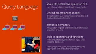 No code compilation, easy to author and deploy
Brings together event streams, reference data and
machine learning extensions
All operators respect, and some use, the temporal
properties of events
These should (mostly) look familiar if you know
relational databases
Filters, projections, joins, windowed (temporal)
aggregates, text and date manipulation
 