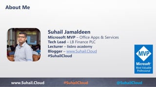 www.Suhail.Cloud #SuhailCloud @SuhailCloud
About Me
Suhail Jamaldeen
Microsoft MVP – Office Apps & Services
Tech Lead – LB Finance PLC
Lecturer – lisbro academy
Blogger – www.Suhail.Cloud
#SuhailCloud
 