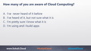 www.Suhail.Cloud #SuhailCloud @SuhailCloud
How many of you are aware of Cloud Computing?
A. I’ve never heard of it before
B. I’ve heard of it, but not sure what it is
C. I’m pretty sure I know what it is
D. I’m using and I build apps
 