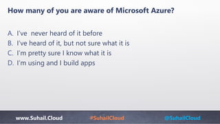www.Suhail.Cloud #SuhailCloud @SuhailCloud
How many of you are aware of Microsoft Azure?
A. I’ve never heard of it before
B. I’ve heard of it, but not sure what it is
C. I’m pretty sure I know what it is
D. I’m using and I build apps
 