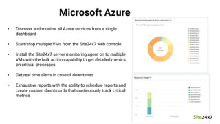 Microsoft Azure
• Discover and monitor all Azure services from a single
dashboard
• Start/stop multiple VMs from the Site2...