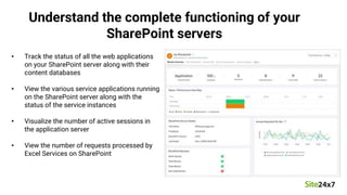 Understand the complete functioning of your
SharePoint servers
• Track the status of all the web applications
on your Shar...