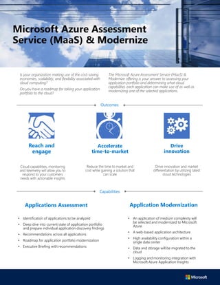 Capabilities
Outcomes
Is your organization making use of the cost-saving
economies, scalability, and flexibility associated with
cloud computing?
Do you have a roadmap for taking your application
portfolio to the cloud?
The Microsoft Azure Assessment Service (MaaS) &
Modernize offering is your answer to assessing your
application portfolio and determining what cloud
capabilities each application can make use of as well as
modernizing one of the selected applications.
Reach and
engage
Accelerate
time-to-market
Drive
innovation
Cloud capabilities, monitoring
and telemetry will allow you to
respond to your customers
needs with actionable insights
Reduce the time to market and
cost while gaining a solution that
can scale
Drive innovation and market
differentiation by utilizing latest
cloud technologies
Microsoft Azure Assessment
Service (MaaS) & Modernize
Applications Assessment Application Modernization
• An application of medium complexity will
be selected and modernized to Microsoft
Azure
• A web-based application architecture
• High availability configuration within a
single data center
• Data and storage will be migrated to the
cloud
• Logging and monitoring integration with
Microsoft Azure Application Insights
• Identification of applications to be analyzed
• Deep dive into current state of application portfolio
and prepare individual application discovery findings
• Recommendations across all applications
• Roadmap for application portfolio modernization
• Executive Briefing with recommendations
 