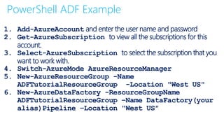 PowerShell ADF Example
1. Add-AzureAccount and enter the user name and password
2. Get-AzureSubscription to view all the subscriptions for this
account.
3. Select-AzureSubscription to select the subscription that you
want to work with.
4. Switch-AzureMode AzureResourceManager
5. New-AzureResourceGroup -Name
ADFTutorialResourceGroup -Location "West US"
6. New-AzureDataFactory -ResourceGroupName
ADFTutorialResourceGroup –Name DataFactory(your
alias)Pipeline –Location "West US"
 