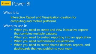 What it is:
When to use it:
Interactive Report and Visualization creation for
computing and mobile platforms
• When you need to create and view interactive reports
that combine multiple datasets
• When you need to embed reporting into an application
• When you need customizable visualizations
• When you need to create shared datasets, reports, and
dashboards that you publish to your team
 