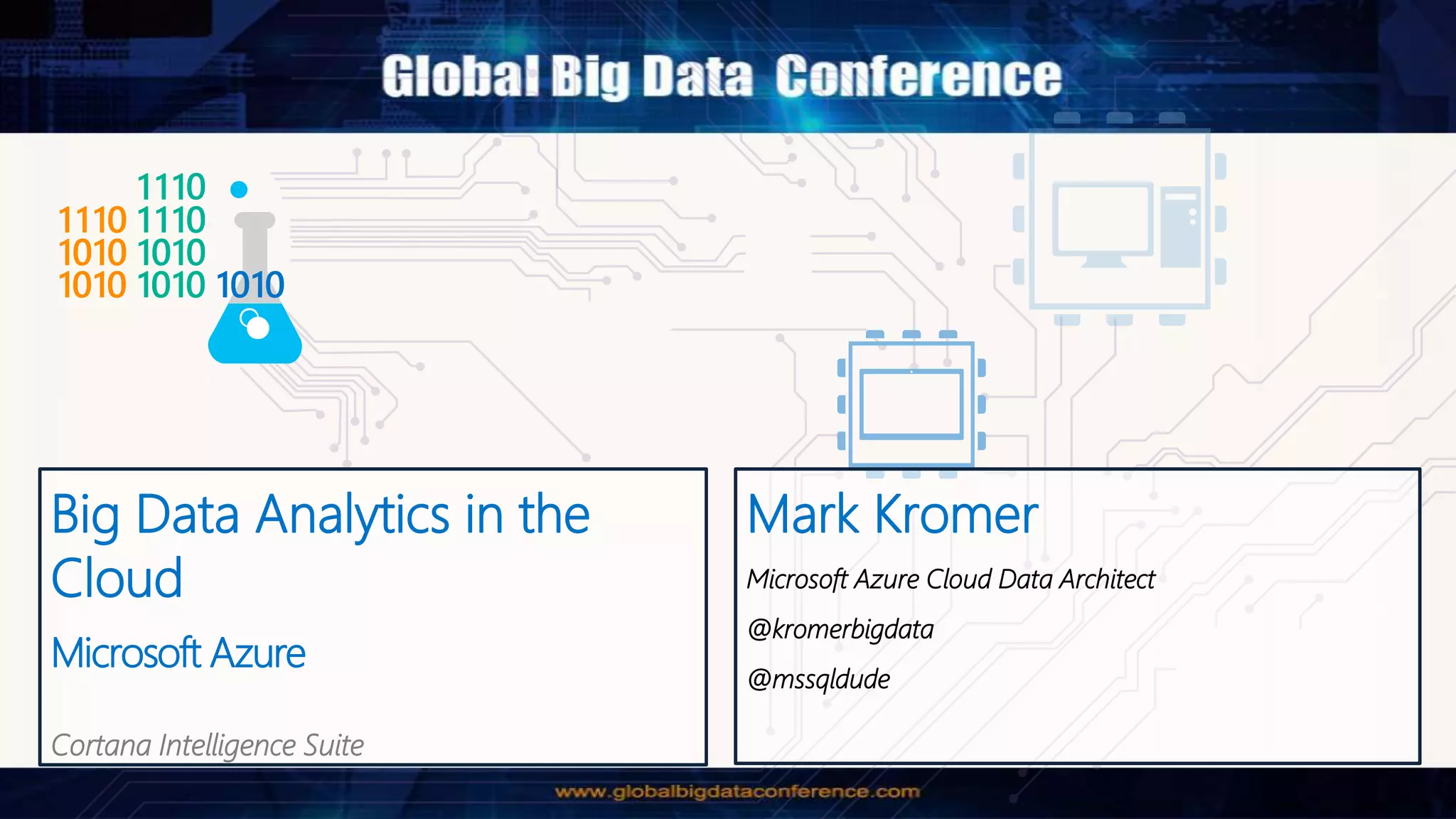 Big Data Analytics in the
Cloud
Microsoft Azure
Cortana Intelligence Suite
Mark Kromer
Microsoft Azure Cloud Data Architect
@kromerbigdata
@mssqldude
 