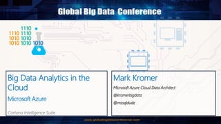 Big Data Analytics in the
Cloud
Microsoft Azure
Cortana Intelligence Suite
Mark Kromer
Microsoft Azure Cloud Data Architect
@kromerbigdata
@mssqldude
 