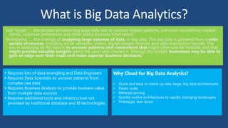 What is Big Data Analytics?
Tech Target: “… the process of examining large data sets to uncover hidden patterns, unknown correlations, market
trends, customer preferences and other useful business information.”
Techopedia: “… the strategy of analyzing large volumes of data, or big data. This big data is gathered from a wide
variety of sources, including social networks, videos, digital images, sensors, and sales transaction records. The
aim in analyzing all this data is to uncover patterns and connections that might otherwise be invisible, and that
might provide valuable insights about the users who created it. Through this insight, businesses may be able to
gain an edge over their rivals and make superior business decisions.”
 Requires lots of data wrangling and Data Engineers
 Requires Data Scientists to uncover patterns from
complex raw data
 Requires Business Analysts to provide business value
from multiple data sources
 Requires additional tools and infrastructure not
provided by traditional database and BI technologies
Why Cloud for Big Data Analytics?
• Quick and easy to stand-up new, large, big data architectures
• Elastic scale
• Metered pricing
• Quickly evolve architectures to rapidly changing landscapes
• Prototype, tear down
 